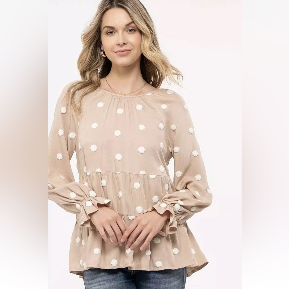 Blu Pepper Kaki & Ivory Polka Dot Round Neck Tie Babydoll Top Size Large - Picture 2 of 10